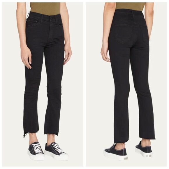 MOTHER Insider Crop Step Fray Jeans Women’s Size 25 Black Mid Rise Raw Hem - Picture 1 of 13